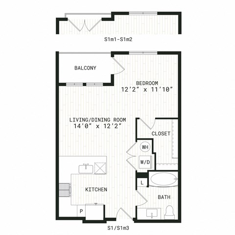 Floor plan for studio, 1 bath, 647 sqft